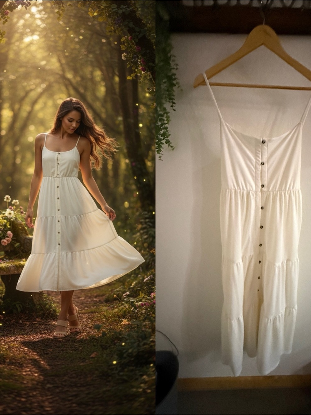 Hurley White Tiered Button Front Maxi Dress Adjustable Straps Boho M